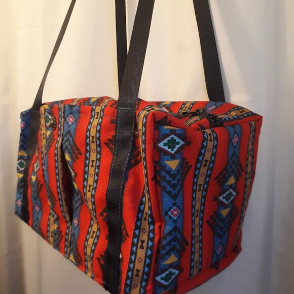 New Southwestern Sarape stripe Mini Duffle Tote Bag Aztec arm bag Red Blue Blk - Picture 5 of 10